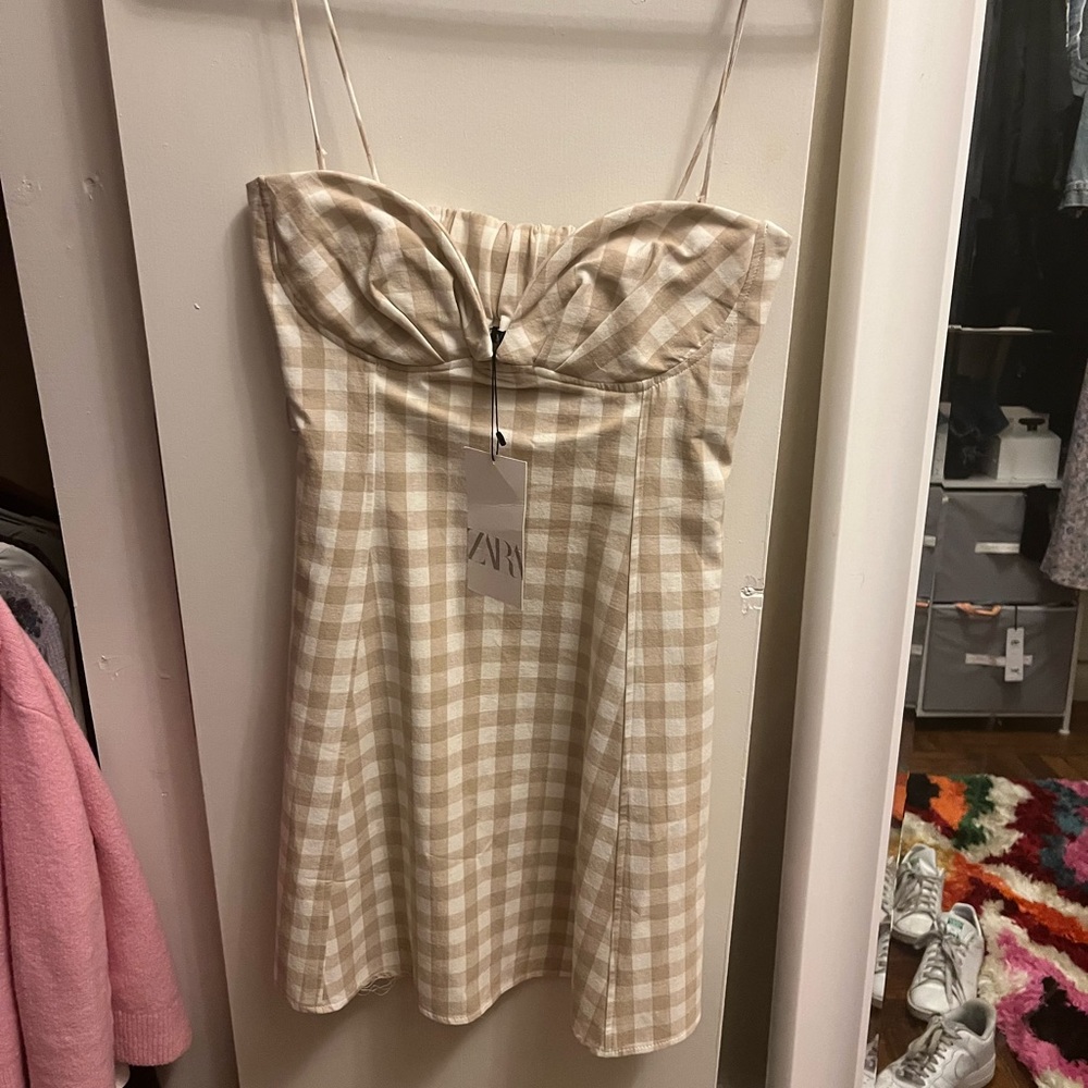 Zara Beige and White Gingham Mini Dress
